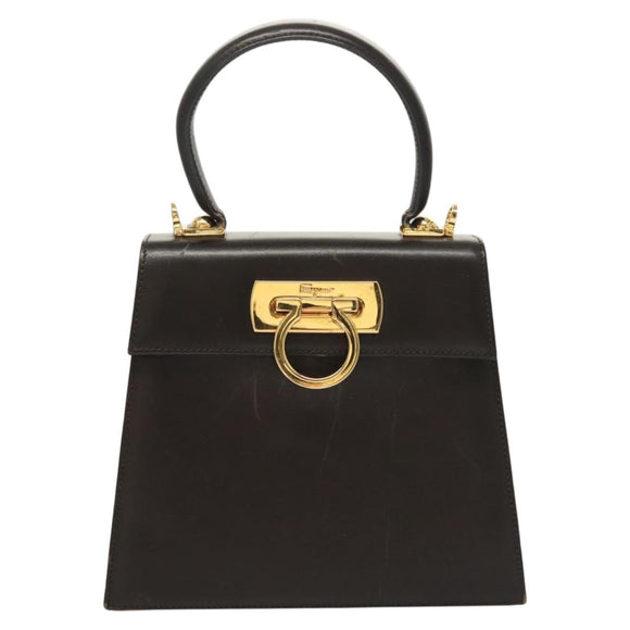 Salvatore Ferragamo Gancini Hand Bag Leather 2way Black Gold Auth 126173