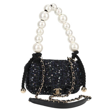 CHANEL Chain Pearl Shoulder Bag Tweed Navy Gold black CC Auth 126241SM