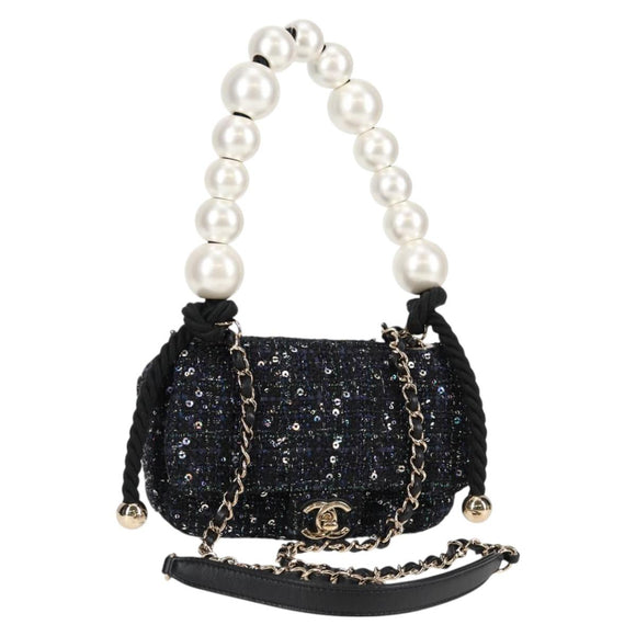 CHANEL Chain Pearl Shoulder Bag Tweed Navy Gold black CC Auth 126241SM