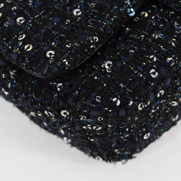 CHANEL Chain Pearl Shoulder Bag Tweed Navy Gold black CC Auth 126241SM