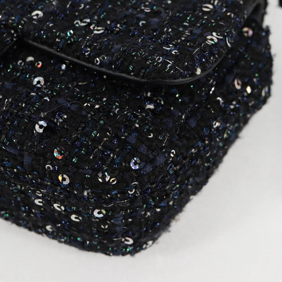 CHANEL Chain Pearl Shoulder Bag Tweed Navy Gold black CC Auth 126241SM