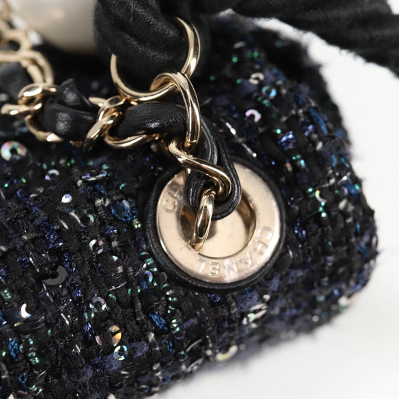 CHANEL Chain Pearl Shoulder Bag Tweed Navy Gold black CC Auth 126241SM