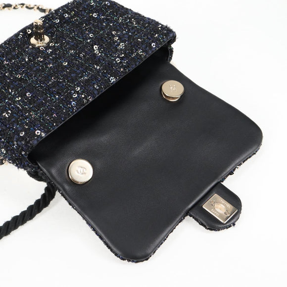 CHANEL Chain Pearl Shoulder Bag Tweed Navy Gold black CC Auth 126241SM