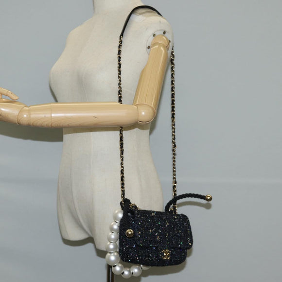 CHANEL Chain Pearl Shoulder Bag Tweed Navy Gold black CC Auth 126241SM