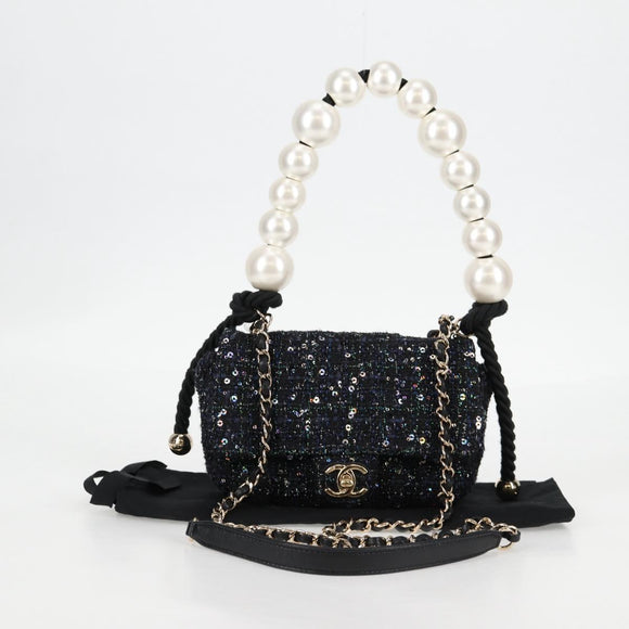CHANEL Chain Pearl Shoulder Bag Tweed Navy Gold black CC Auth 126241SM