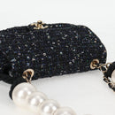 CHANEL Chain Pearl Shoulder Bag Tweed Navy Gold black CC Auth 126241SM-6