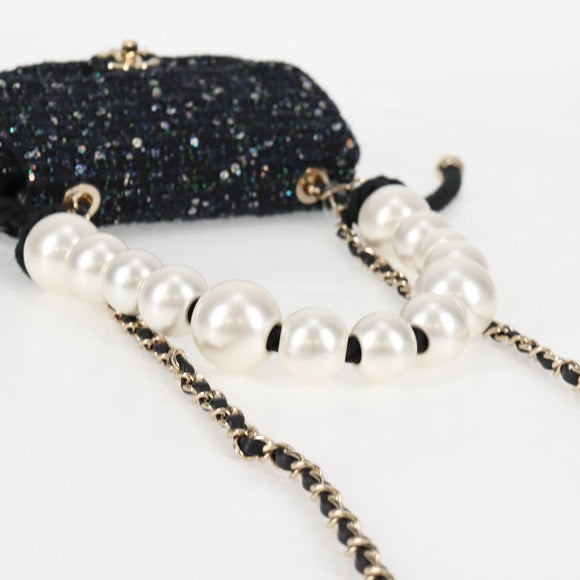 CHANEL Chain Pearl Shoulder Bag Tweed Navy Gold black CC Auth 126241SM