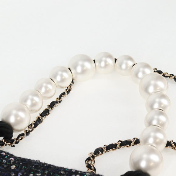 CHANEL Chain Pearl Shoulder Bag Tweed Navy Gold black CC Auth 126241SM