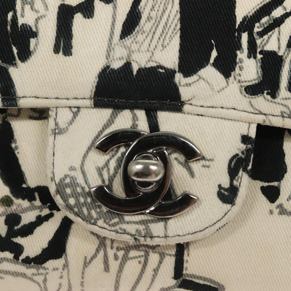 CHANEL Matelasse 25 Double Flap Chain Bag Canvas White Silver CC Auth 126243SV