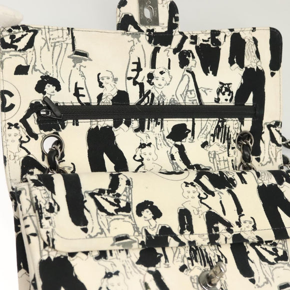 CHANEL Matelasse 25 Double Flap Chain Bag Canvas White Silver CC Auth 126243SV