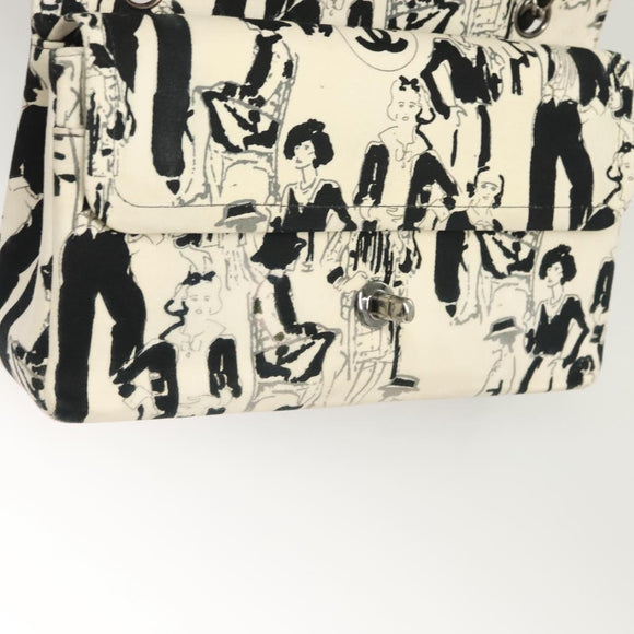 CHANEL Matelasse 25 Double Flap Chain Bag Canvas White Silver CC Auth 126243SV