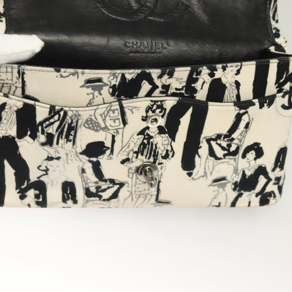 CHANEL Matelasse 25 Double Flap Chain Bag Canvas White Silver CC Auth 126243SV