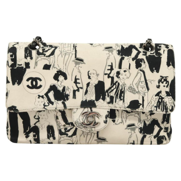 CHANEL Matelasse 25 Double Flap Chain Bag Canvas White Silver CC Auth 126243SV