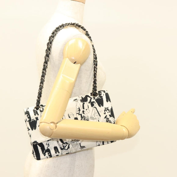 CHANEL Matelasse 25 Double Flap Chain Bag Canvas White Silver CC Auth 126243SV