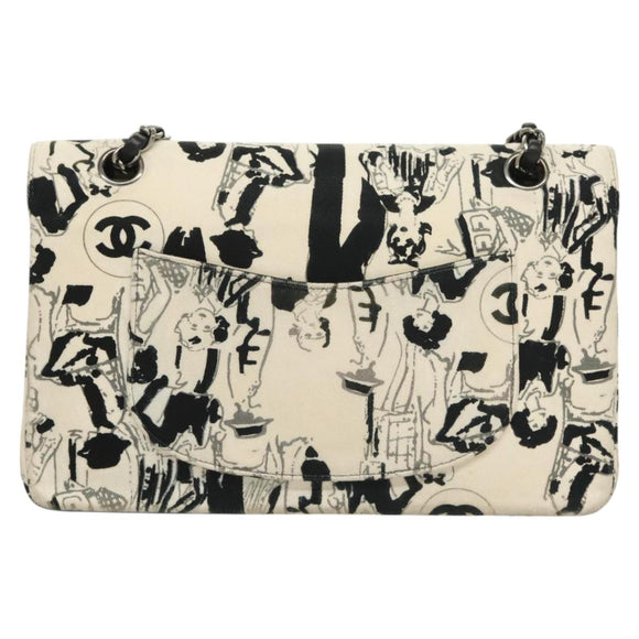 CHANEL Matelasse 25 Double Flap Chain Bag Canvas White Silver CC Auth 126243SV