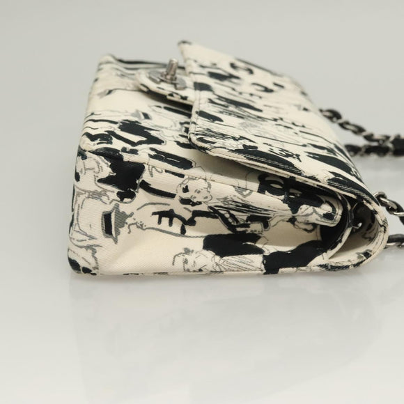 CHANEL Matelasse 25 Double Flap Chain Bag Canvas White Silver CC Auth 126243SV