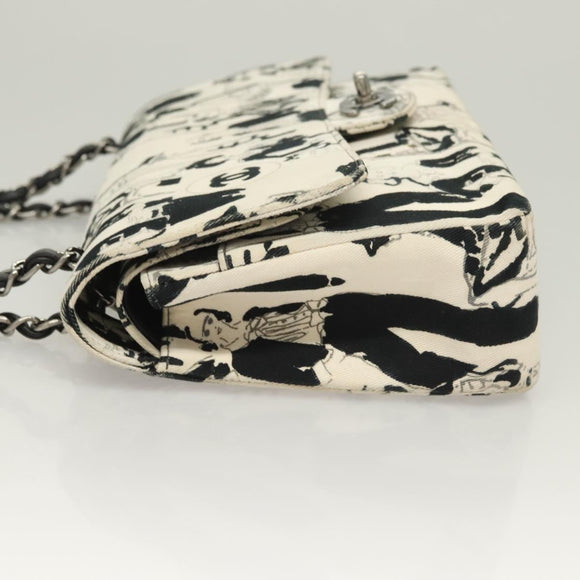 CHANEL Matelasse 25 Double Flap Chain Bag Canvas White Silver CC Auth 126243SV