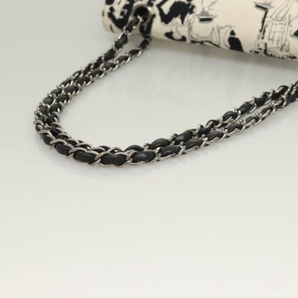 CHANEL Matelasse 25 Double Flap Chain Bag Canvas White Silver CC Auth 126243SV