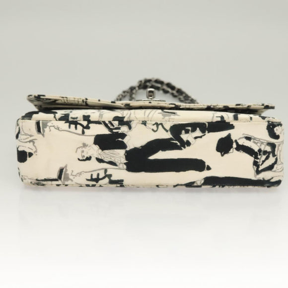 CHANEL Matelasse 25 Double Flap Chain Bag Canvas White Silver CC Auth 126243SV