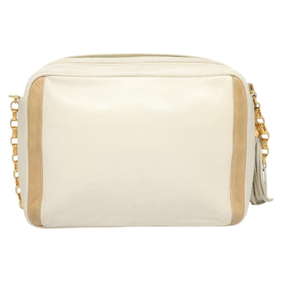 CHANEL Chain Shoulder Bag Lamb Skin White Gold CC Auth 126253