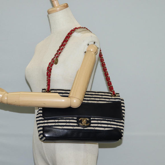 CHANEL Matelasse Chain Shoulder Bag cotton Black Gold CC Auth 126255V