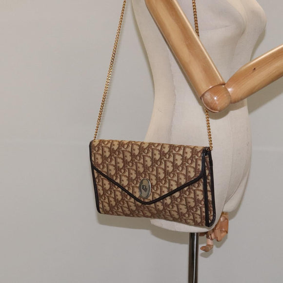 Christian Dior Trotter Canvas Chain Shoulder Bag Brown Gold Auth 126266