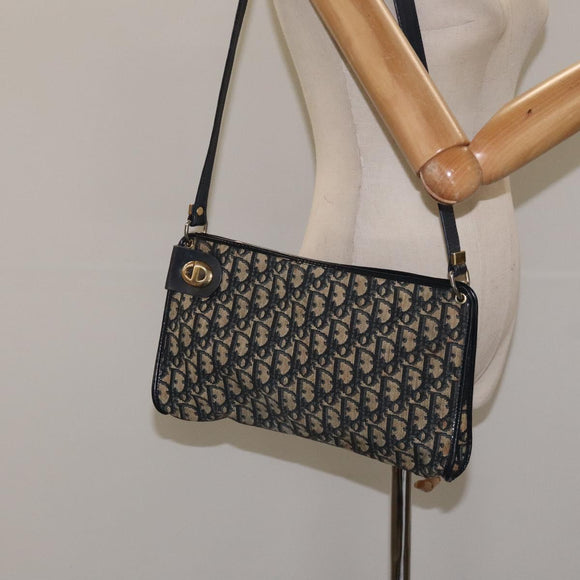 Christian Dior Trotter Canvas Shoulder Bag Navy Gold Auth 126267