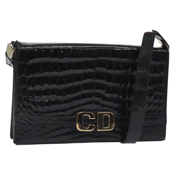Christian Dior Shoulder Bag Enamel Black Gold Auth 126269