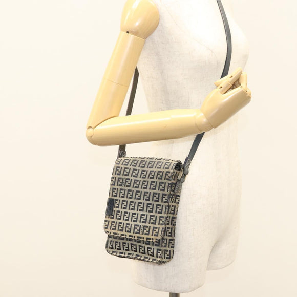 FENDI Zucchino Canvas Shoulder Bag Navy Gold Auth 126273