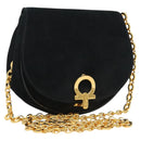 Salvatore Ferragamo Chain Gancini Shoulder Bag Suede Black Gold Auth 126274-1