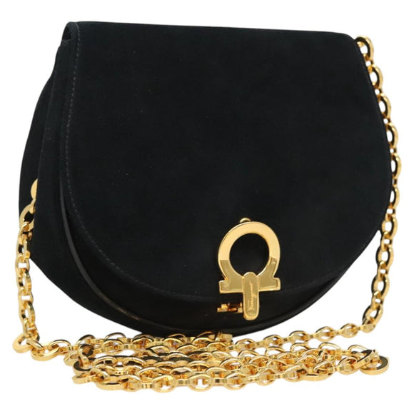 Salvatore Ferragamo Chain Gancini Shoulder Bag Suede Black Gold Auth 126274