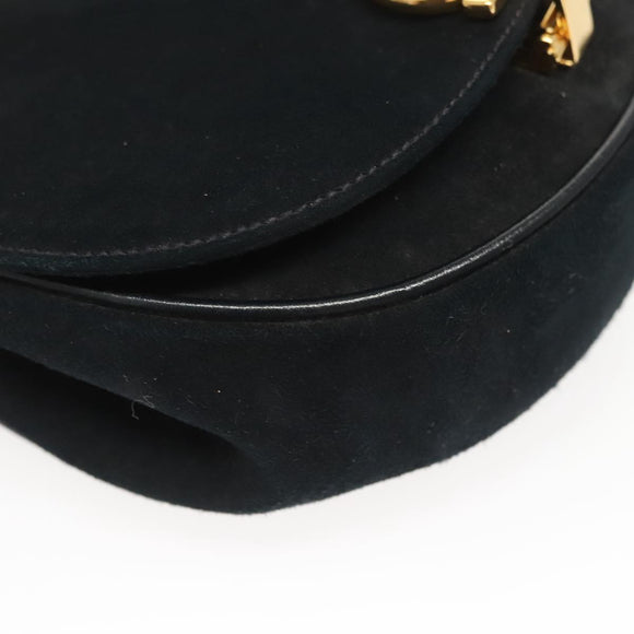 Salvatore Ferragamo Chain Gancini Shoulder Bag Suede Black Gold Auth 126274