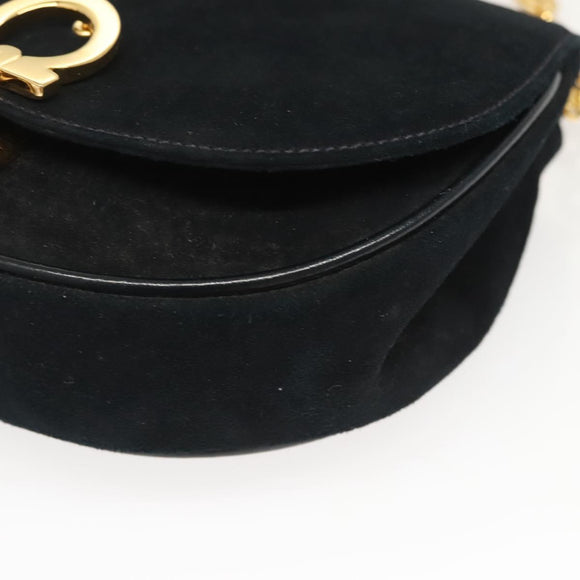 Salvatore Ferragamo Chain Gancini Shoulder Bag Suede Black Gold Auth 126274