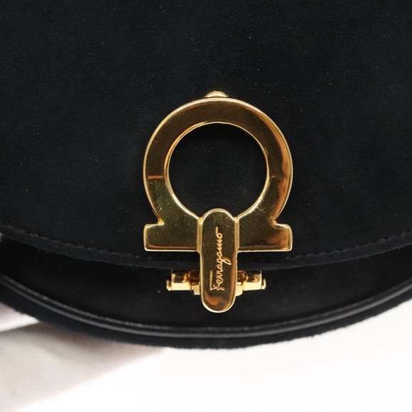 Salvatore Ferragamo Chain Gancini Shoulder Bag Suede Black Gold Auth 126274