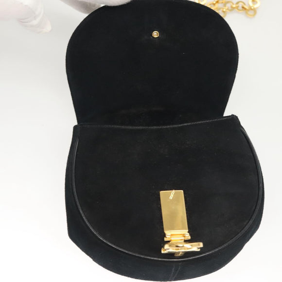 Salvatore Ferragamo Chain Gancini Shoulder Bag Suede Black Gold Auth 126274