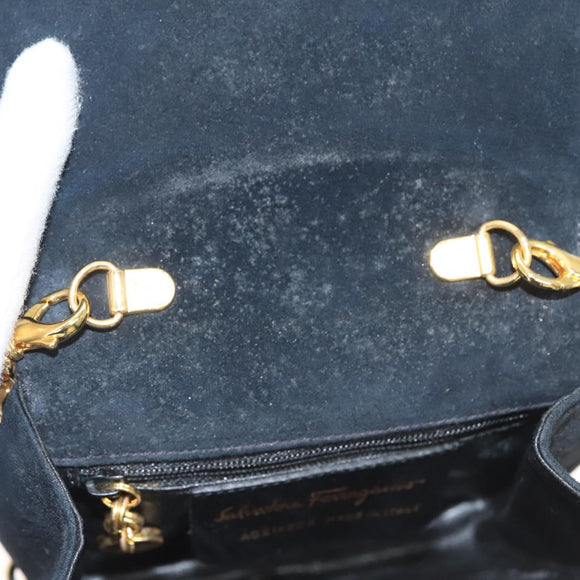 Salvatore Ferragamo Chain Gancini Shoulder Bag Suede Black Gold Auth 126274