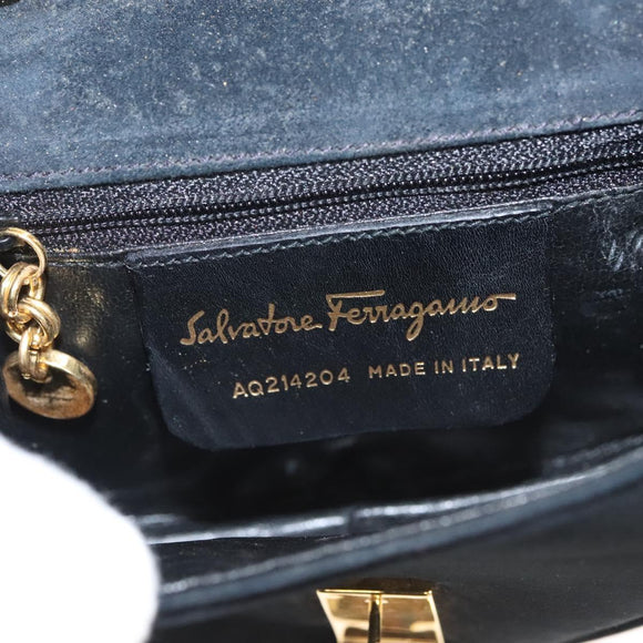 Salvatore Ferragamo Chain Gancini Shoulder Bag Suede Black Gold Auth 126274