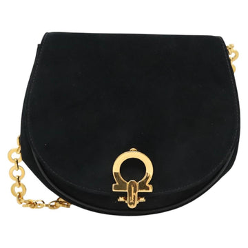 Salvatore Ferragamo Chain Gancini Shoulder Bag Suede Black Gold Auth 126274 - 0