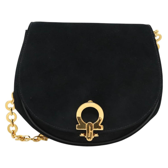 Salvatore Ferragamo Chain Gancini Shoulder Bag Suede Black Gold Auth 126274