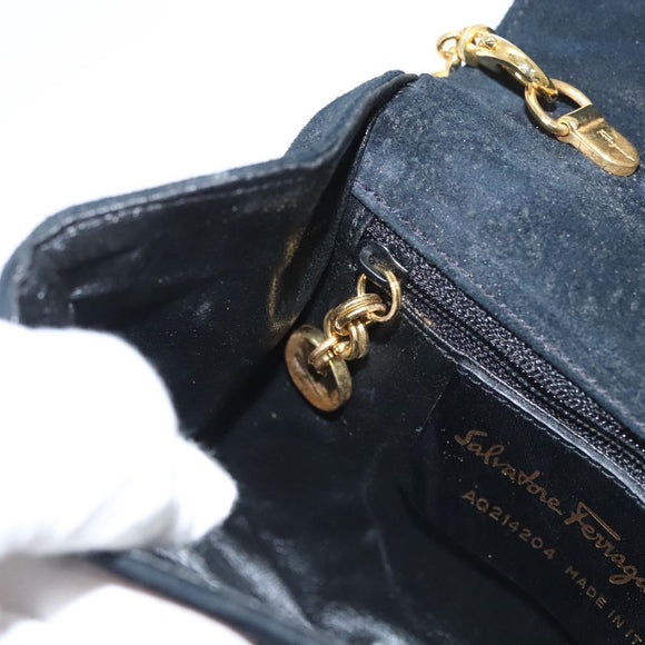Salvatore Ferragamo Chain Gancini Shoulder Bag Suede Black Gold Auth 126274