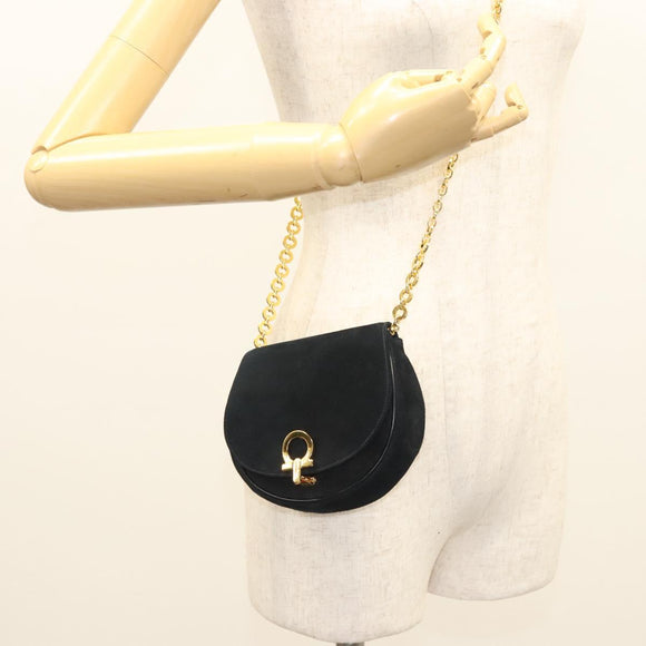 Salvatore Ferragamo Chain Gancini Shoulder Bag Suede Black Gold Auth 126274