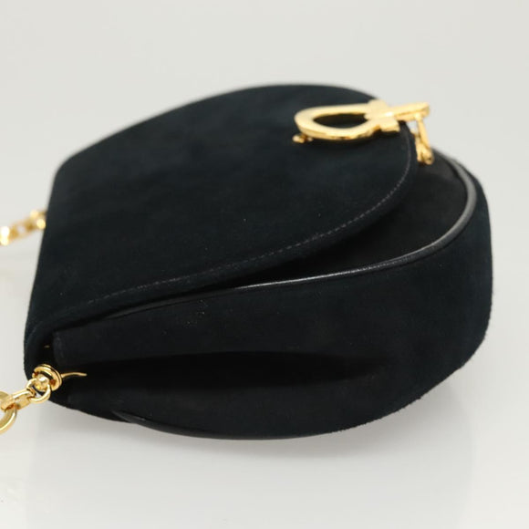 Salvatore Ferragamo Chain Gancini Shoulder Bag Suede Black Gold Auth 126274