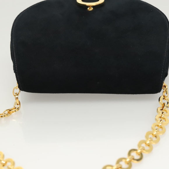 Salvatore Ferragamo Chain Gancini Shoulder Bag Suede Black Gold Auth 126274
