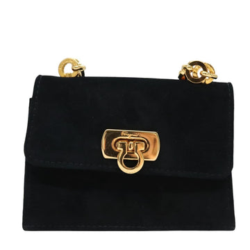 Salvatore Ferragamo Gancini Accessory Pouch Suede Black Gold Auth 126275 - 0
