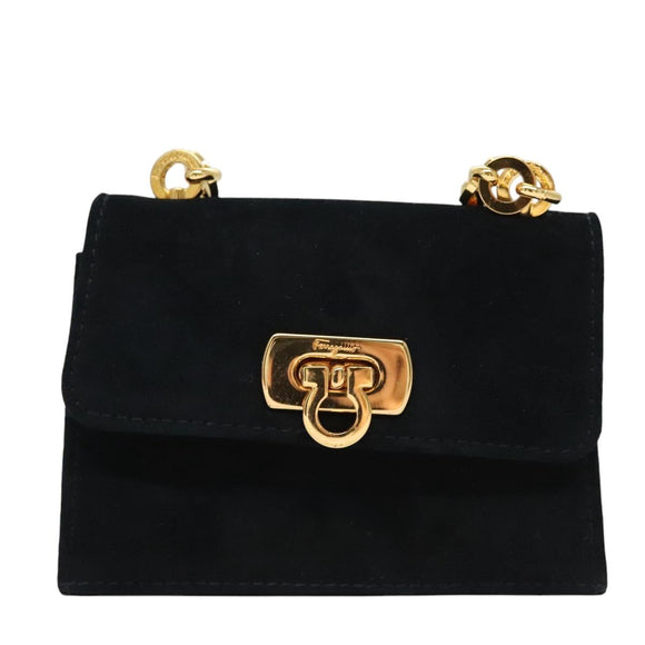 Salvatore Ferragamo Gancini Accessory Pouch Suede Black Gold Auth 126275