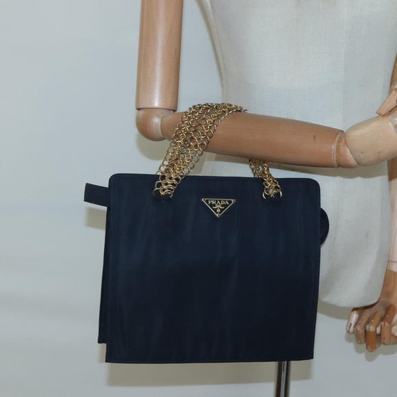 PRADA Hand Bag Nylon Navy Gold Auth 126301
