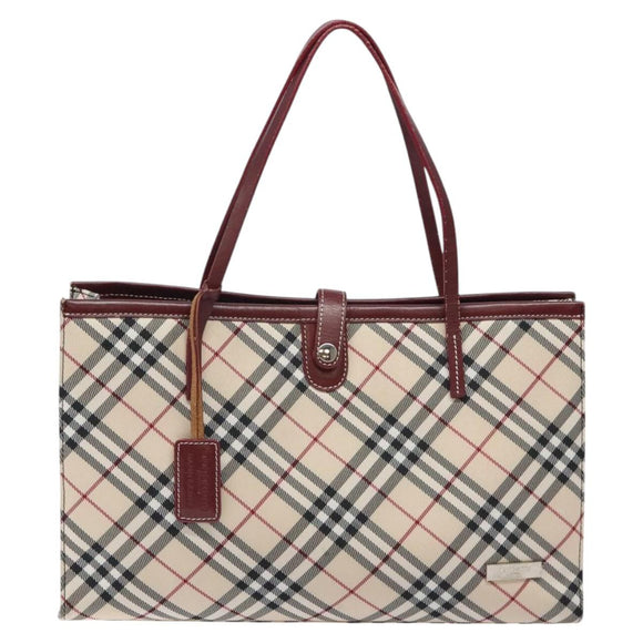 BURBERRY Nova Check Blue Label Tote Bag Nylon Beige Silver Auth 126337