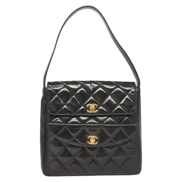 CHANEL Matelasse Chain Shoulder Bag Enamel Black Gold CC Auth 126363