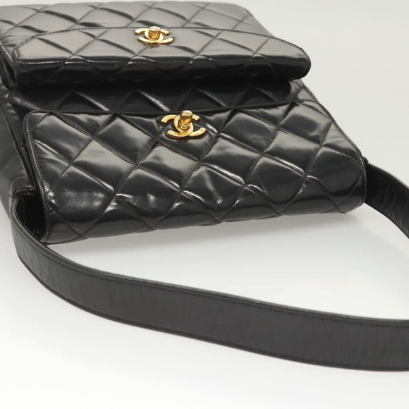 CHANEL Matelasse Chain Shoulder Bag Enamel Black Gold CC Auth 126363