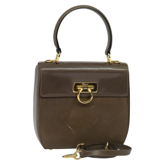 Salvatore Ferragamo Gancini Hand Bag Leather 2way Brown Gold Auth 126367